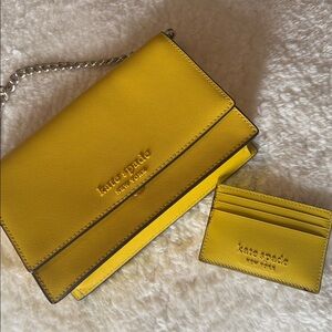 kate spade yellow crossbody bag with chain strap with matching card holder